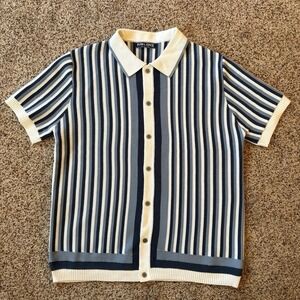 PJ Paul Jones Men LRG Knit Sweater Shirt Blue Stripe Button Front Retro Viscose